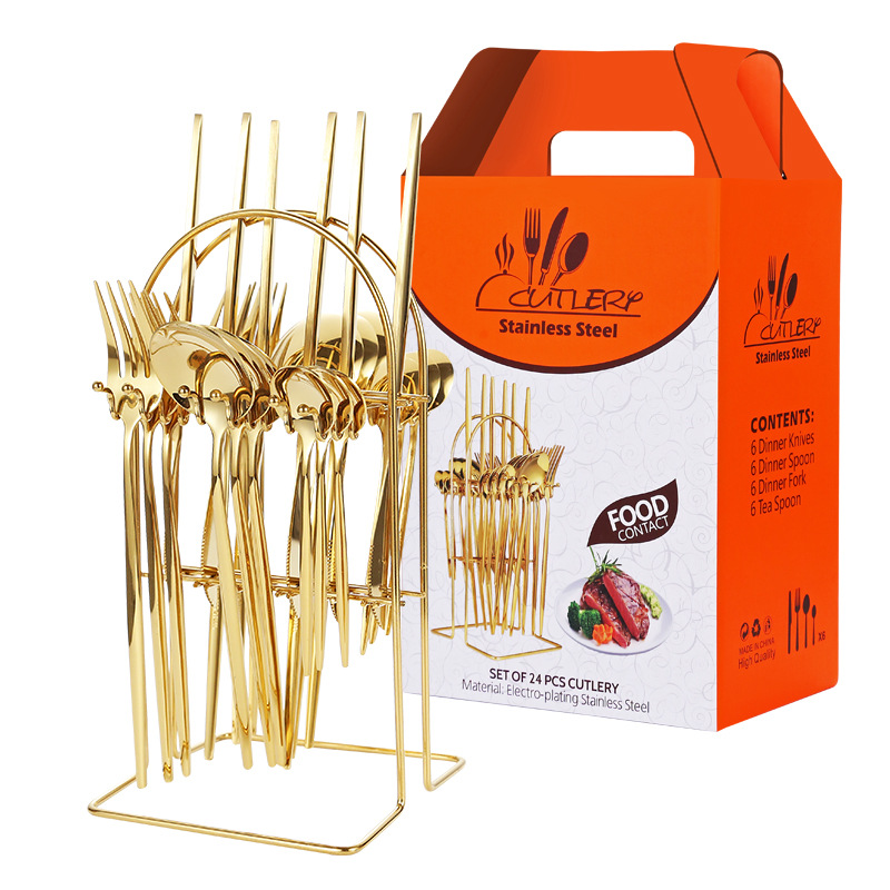 Transfronterizo Amazon Portugal comida occidental cuatro principales vajilla de acero inoxidable 24 piezas vajilla rack caja de regalo rack traje