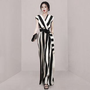 Foreign trade women's clothing 2023 Summer new royal sister style V-neck sleeveless waist belt slimming striped temperament wide leg