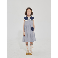 Ladies' Summer Dress New Children's Blue Striped Pure Cotton Sweet Ruffled Collar Sleeveless Skirt