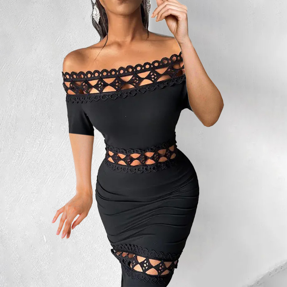 Summer Season Women's Gender Lace Design Sexy Style Wholesale Women's Sexy Lace Solid Color Holiday Daily Date Boat Neck Short Sleeve Sheath Dress