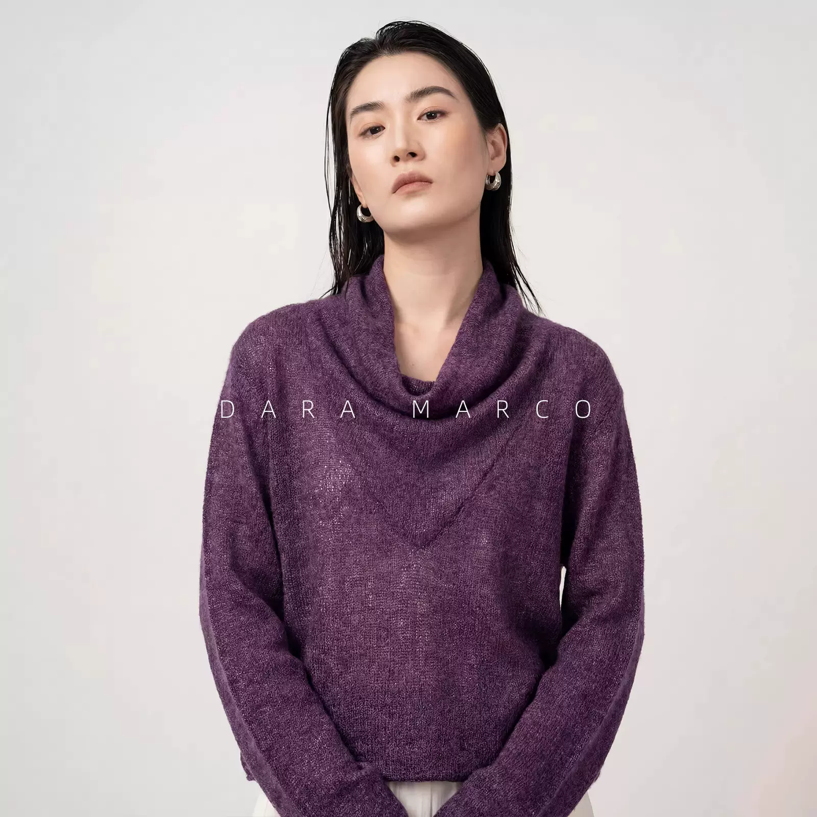 法式感高级羊毛混纺针织衫荡领长袖上衣女气质百搭打底衫2026春季