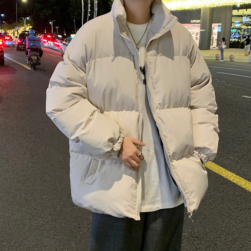 Men's high-neck solid color cotton coat, winter thickened trendy brand, plus size loose fat man stand collar cotton coat, puffer jacket, cotton-padded coat