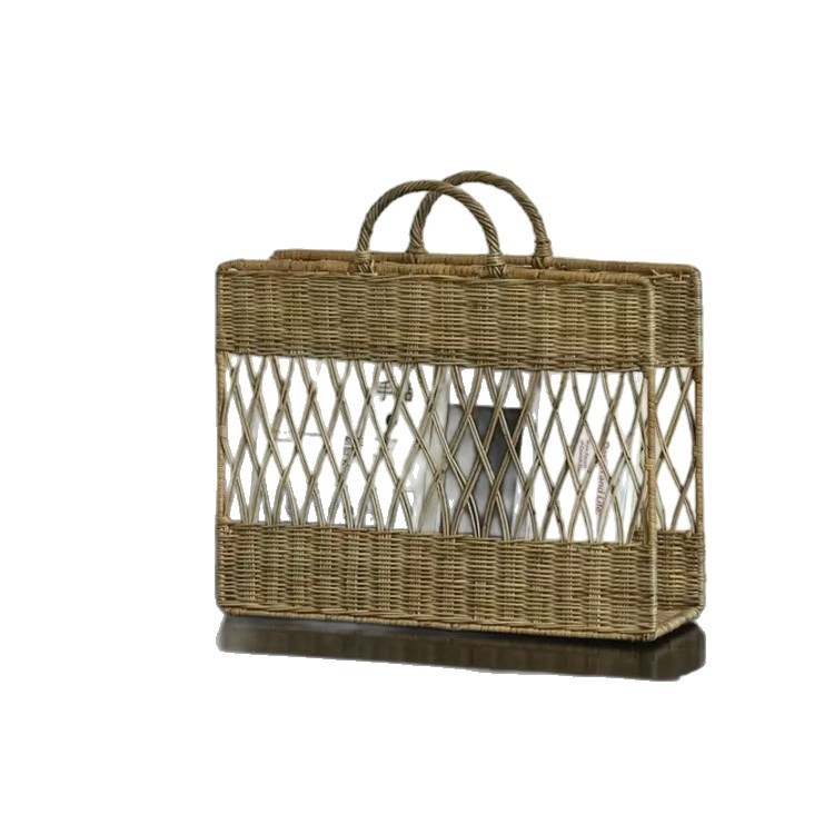 Cesta de libro portátil de tela de caña personalizada Cesta de almacenamiento de periódicos tejidos a mano Cesta de almacenamiento de libros de revista portátil