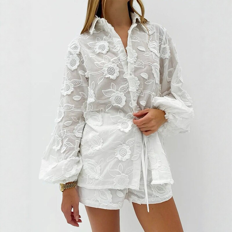 2026 European and American Cross-Border Women's Fashion New Sexy Lace Set Embroidered Sheer Shirt High-Waisted Shorts White 2026 European and American Cross-Border Women's Fashion New Sexy Lace Set Embroidered Sheer Shirt High-Waisted Shorts White