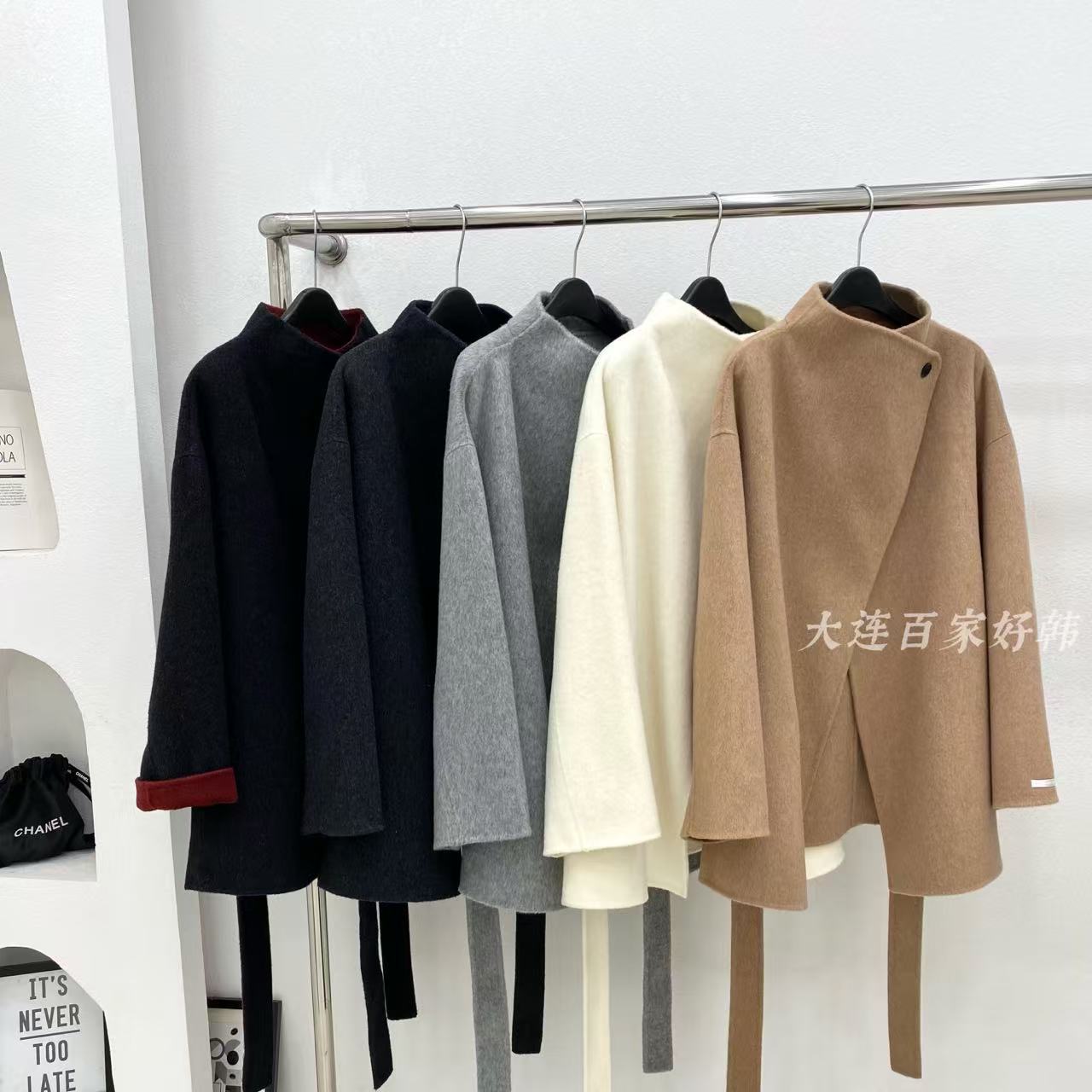 스탠드 칼라 짧은 양면 울 코트 라펠 루즈핏 캐주얼 가을 겨울 25년 여성용 카멜 화이트 코트