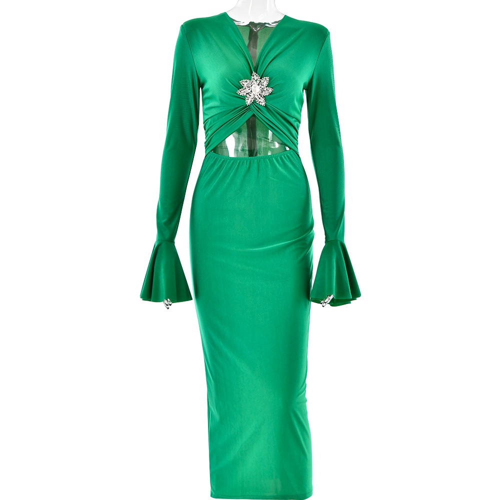 Women's Clothing spring and summer new V neck trumpet sleeve dress fashionable temperament sexy hot girl tight fishtail skirt_ipsvogv.com