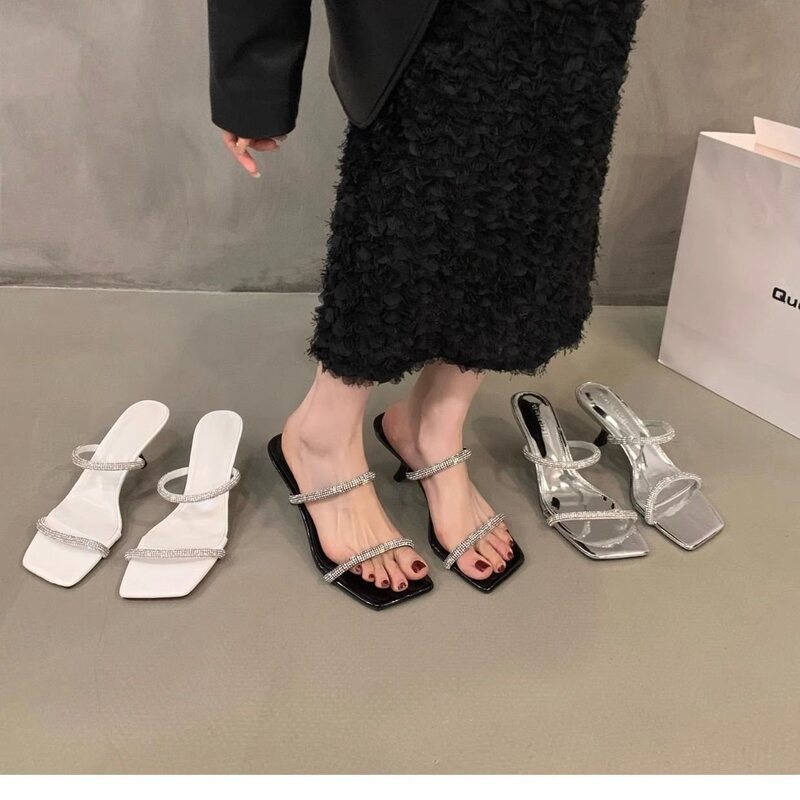 2025 Ultra-Bright Diamond-Style High-Heeled Sandals 5cm Black Silver Casual Everyday Style Synthetic Leather Other