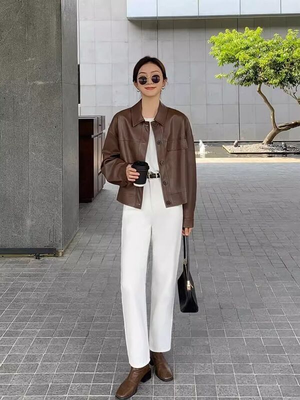 黑色短款pu小皮衣外套女2025年秋季新款韩版时尚复古咖色夹克上衣|undefined