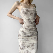 新中式玫瑰花网纱吊带长裙女气质淑女褶皱修身开叉连衣裙希