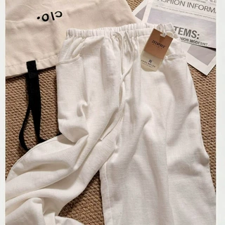 老钱风米白色亚麻抽绳阔腿裤女chic早春简约休闲裤子