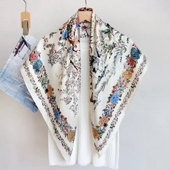 杭州シルク模造シルクタオル110 × 110cmツバキ花プリント角タオル軽贅沢マフラー高級感百合