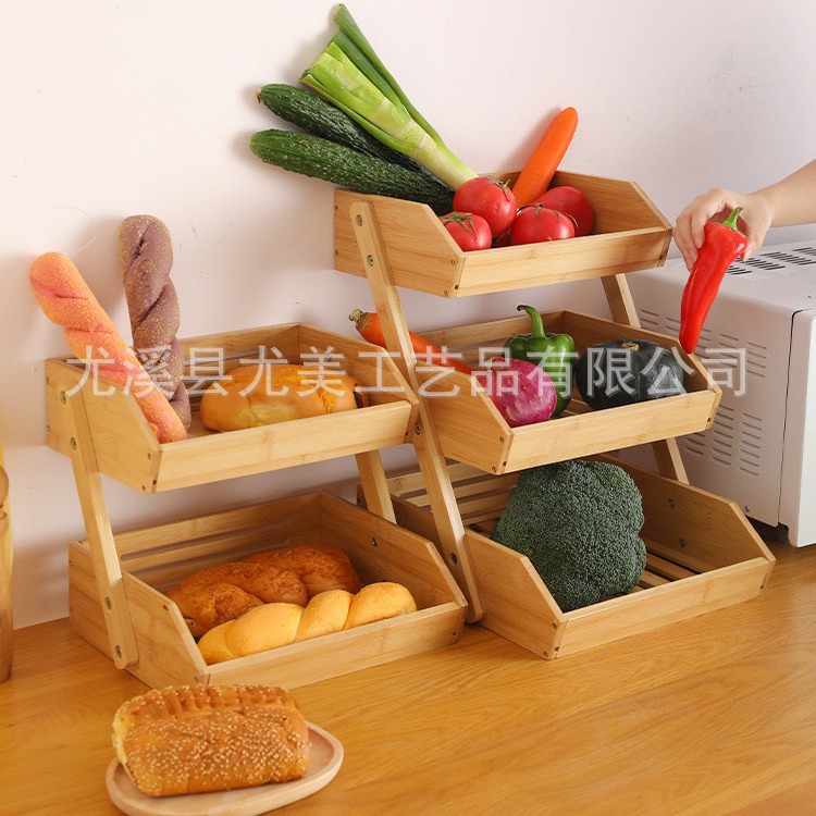 Estante de almacenamiento multifuncional caja de almacenamiento de aperitivos de escritorio multicapa cesta de pan de bambú cesta de frutas estante de almacenamiento de vegetales de tres capas