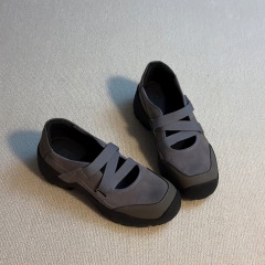 羊皮版~复古轻便运动休闲鞋女交叉带圆头绒面厚底舒适玛丽珍单鞋