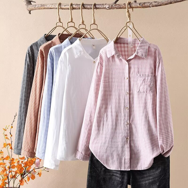 Japanese Style New Double-layer Cotton Yarn Plaid Long-sleeved Shirt Women's All-match Soft Casual Top Women's Loose Shirt Japanese Style New Double-layer Cotton Yarn Plaid Long-sleeved Shirt Women's All-match Soft Casual Top Women's Loose Shirt