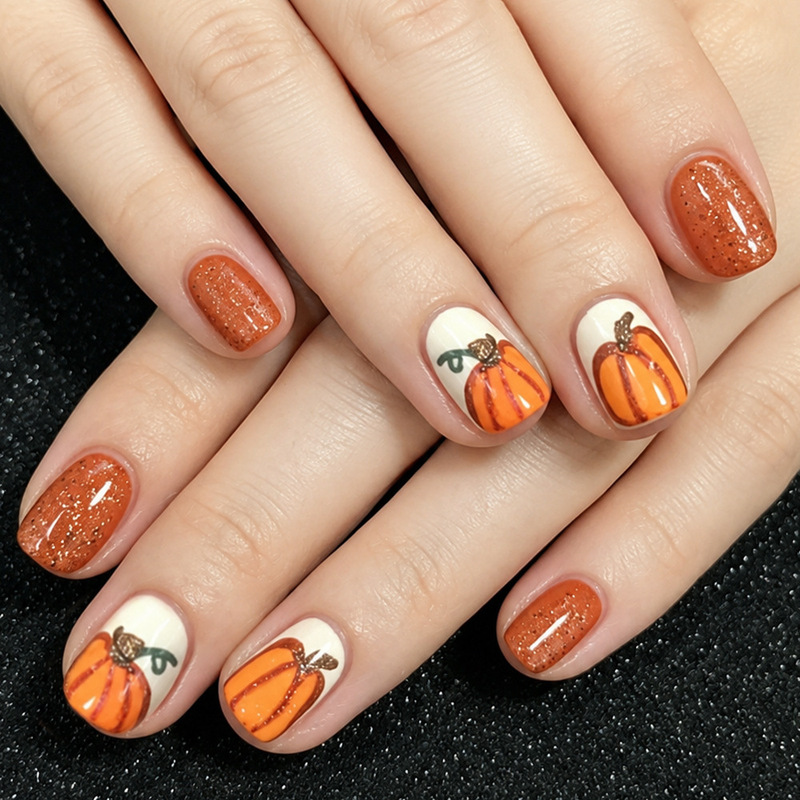 Halloween Style Short Square Nails, Pumpkin Glitter, Simple and Stylish Nail Art, Removable 24-Piece Fake Nails