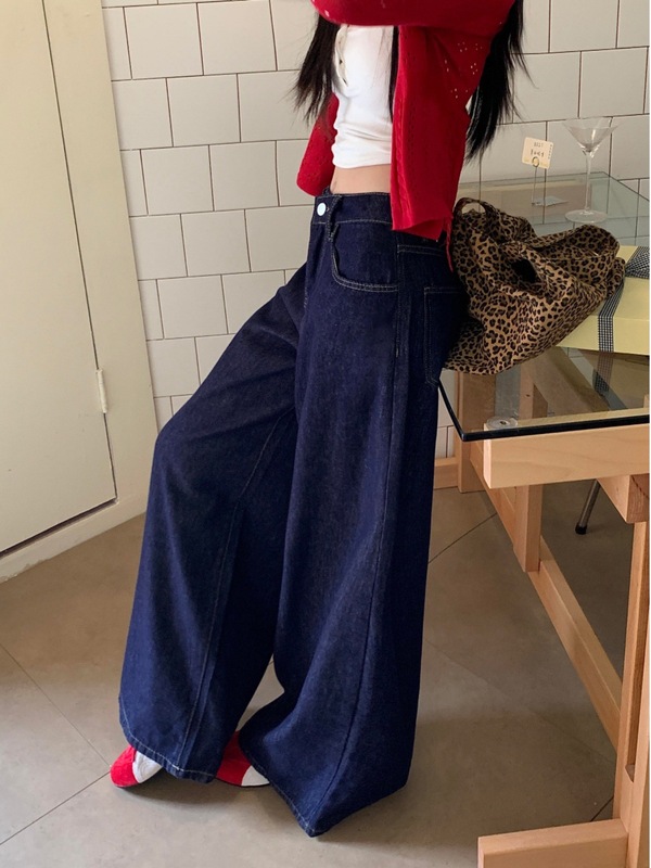 梨形身材深蓝色阔腿牛仔裤女秋季新胖妹妹mm高腰宽松显瘦拖地裤子|undefined