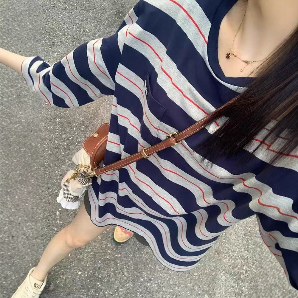 miu系穿搭圆领条纹宽松薄款长袖T恤女早秋慵懒风休闲显瘦百搭上衣