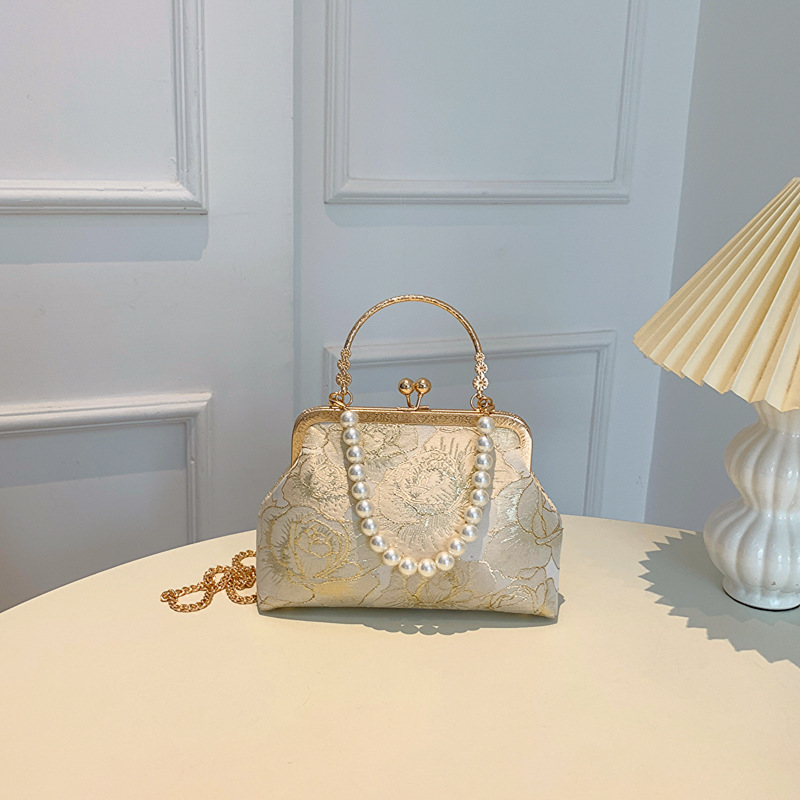 Textured Handbag for Women, Shoulder Bag, Evening Bag, Matching with Cheongsam, Hanfu, Chinese-Style Retro Pearl Chain Crossbody Bag for Women Textured Handbag for Women, Shoulder Bag, Evening Bag, Matching with Cheongsam, Hanfu, Chinese-Style Retro Pearl Chain Crossbody Bag for Women