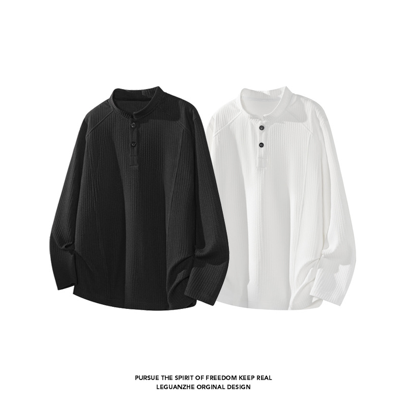 Textured Henry Collar Long-sleeve T-shirt, Autumn Patchwork Deconstructed Heavy Polo Shirt, High-end Stylish Hoodie_voghion.com