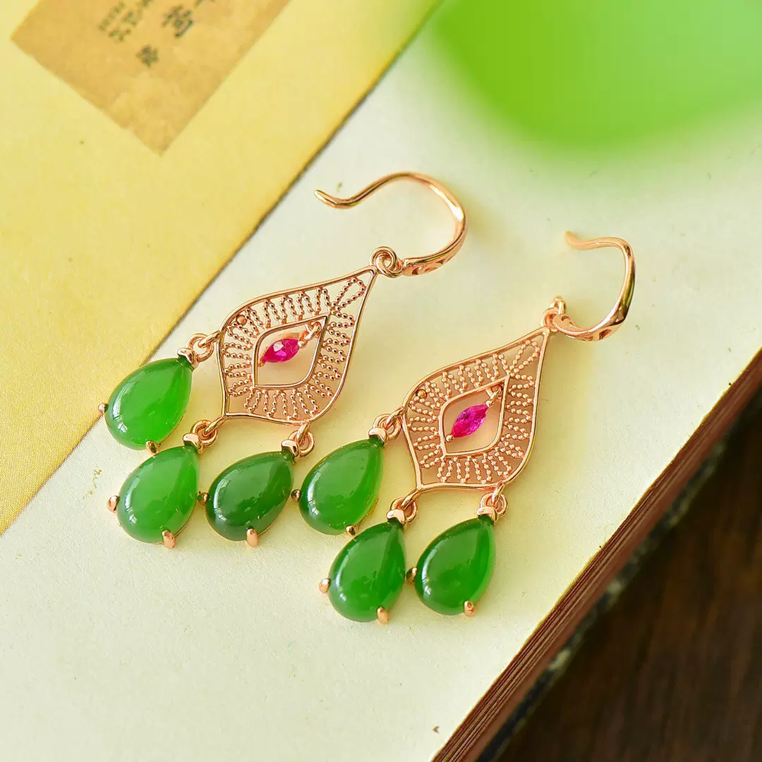 复古风 S925银镶嵌【天然和田碧玉气质款耳环】整体尺寸约19*43mm