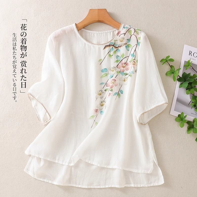 Summer Thin Loose Cotton and Linen Short-Sleeved Cotton and Linen Shirts Ethnic Style Exquisite Embroider Retro Cotton and Linen T-Shirt Tops for Women