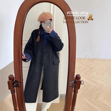 一点蓝简约女文艺双面呢拼色时尚廓形中长羊毛绒大衣毛呢外套P257