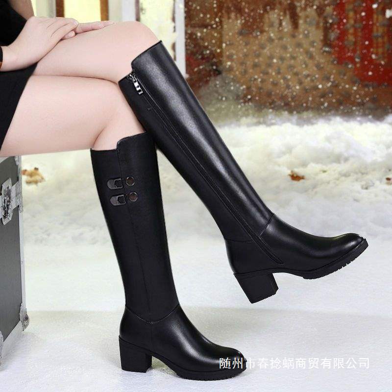High-Heeled Riding Boots, Winter Long Women's Boots, Fleece-Lined, Knee-Length Mid-Length Boots, European and American Fashion New Side Zipper Anti-Slip Leather Boots High-Heeled Riding Boots, Winter Long Women's Boots, Fleece-Lined, Knee-Length Mid-Length Boots, European and American Fashion New Side Zipper Anti-Slip Leather Boots