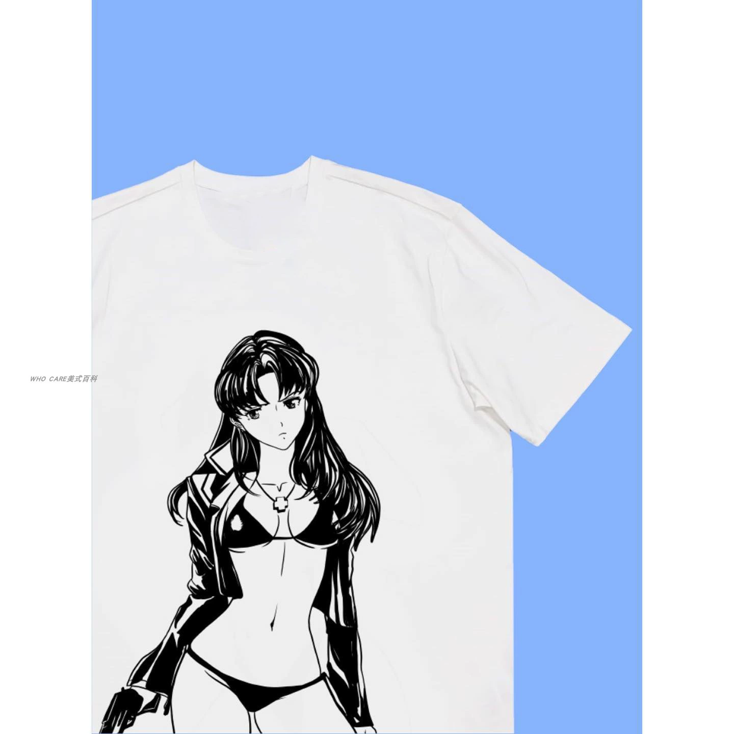 WHO CARE ретро энциклопедия EVA повседневная Katsuragi Misato японский аниме тренд свободная футболка с коротким рукавом