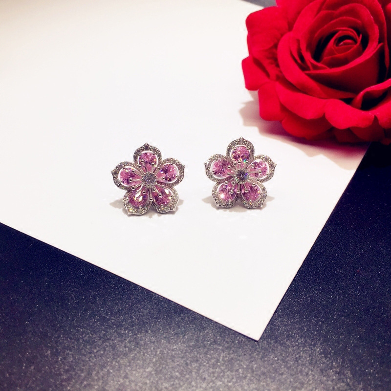 Inlay Design Fashion Style Fashion Flower Copper Inlay Zircon Ear Studs 1 Pair