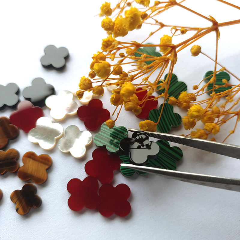 定制四叶草裸石玛瑙黄虎眼石合成松石双平面DIY饰品配件