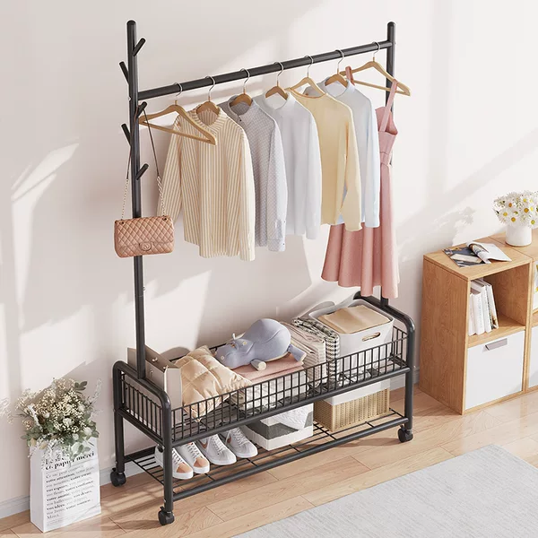 Simple floor-standing foldable clothes rack with wheels, movable for balcony, indoor, bedroom, home use, clothes drying rack, coat rack