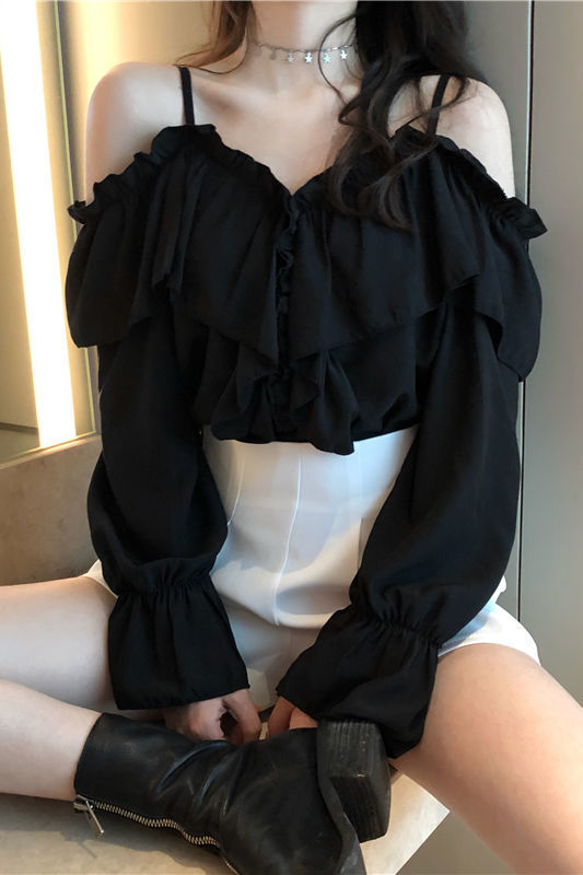 2025春季新款衬衫女设计感小众宽松荷叶边一字肩百搭长袖吊带上衣