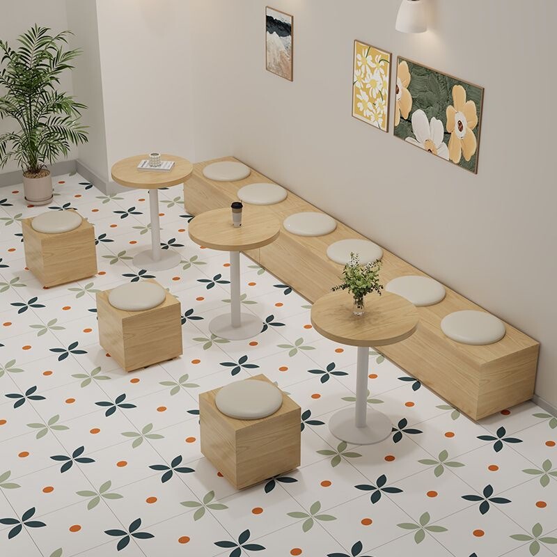Minimalist natural wood style wall-mounted booth sofa for milk tea shops, coffee shops, long bench for dessert shops, leisure table and chair set Minimalist natural wood style wall-mounted booth sofa for milk tea shops, coffee shops, long bench for dessert shops, leisure table and chair set