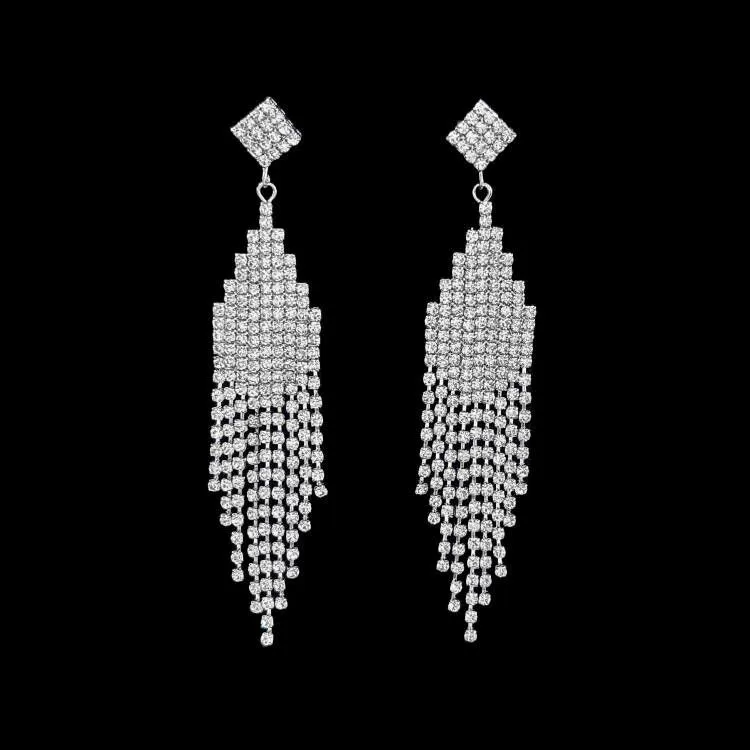 Серебряные серьги Feiyue с кристаллами люстры - блестящие длинные капли, длина 7 см, ширина 4.5 см, высота 4.75 см, вес 26 г