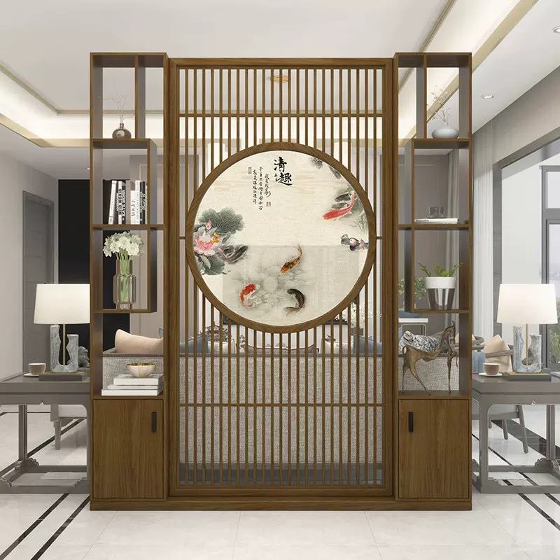 实木屏风隔断客厅古风置物柜新中式简约博古架原木遮挡玄关柜定制