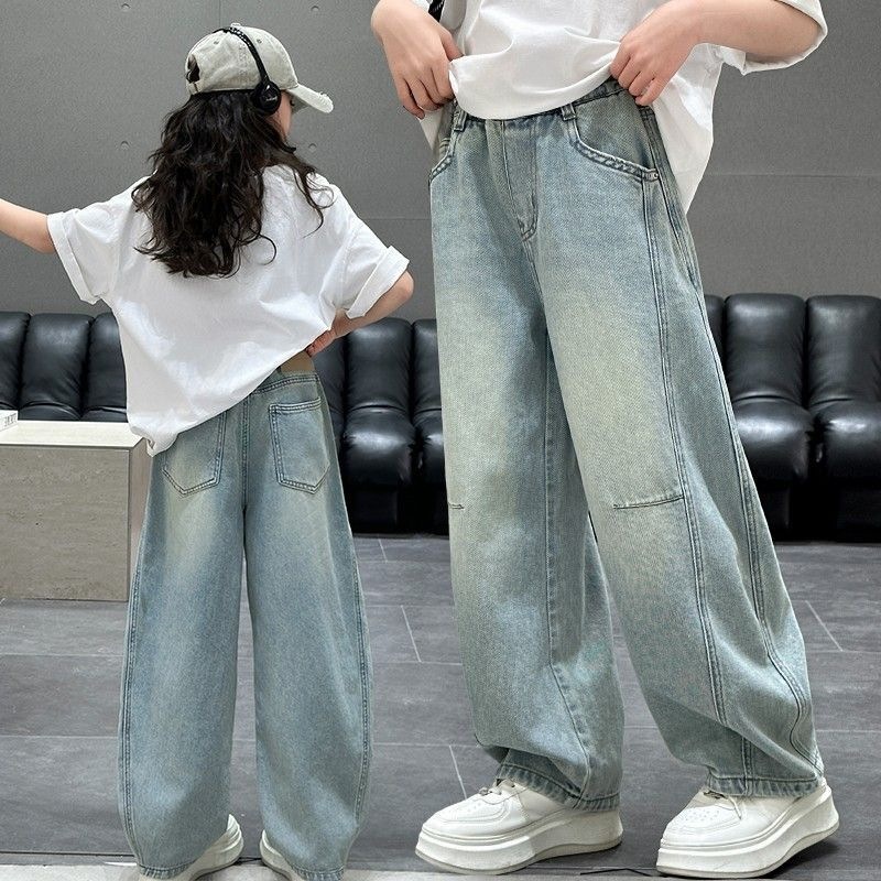 Girls' jeans with unique patchwork curved design, slimming and stylish, new summer 2026 style, casual pants for medium and large children.