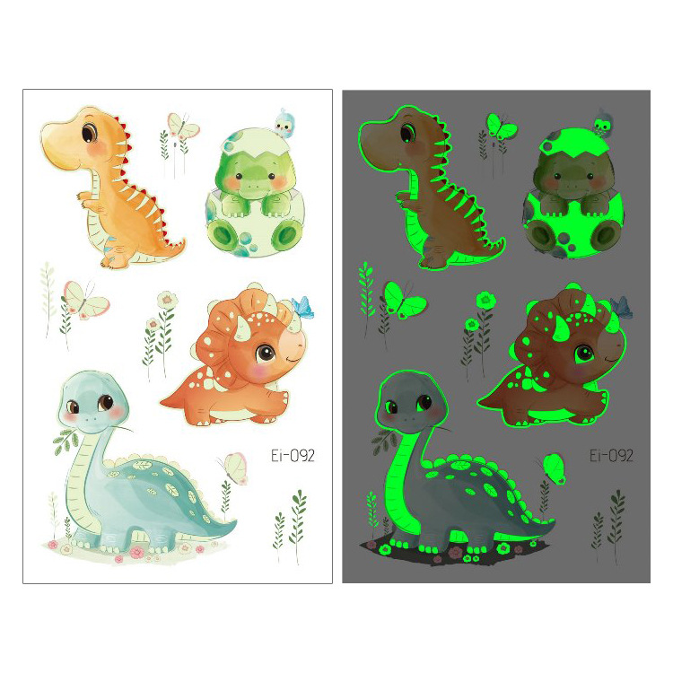 Suministro transfronterizo nuevo dinosaurio luminoso tatuaje pegatinas niños dibujos animados diversión pegatinas luminosas pegatinas temporales del tatuaje