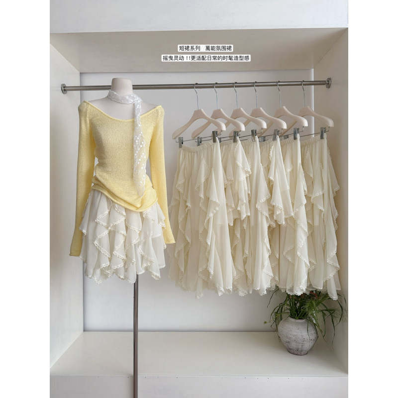 Sena Length Optional Irregular Skirt Women's 2025 New Design Niche Ruffled Lace Splicing Skirt