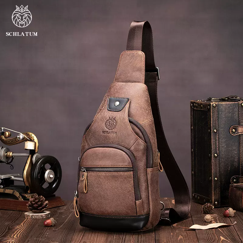 狮莱顿真皮斜挎胸包男款欧美复古2024新款头层牛皮拼色男士前挎包