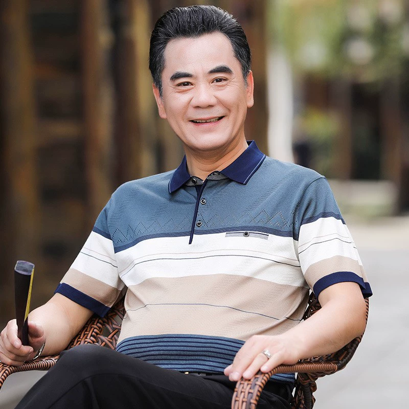 Футболка с короткими рукавами для папы, мужская мужская одежда среднего и пожилого возраста, лето 2025, топ с лацканами для отца, футболка из ледяного шелка, рубашка-поло