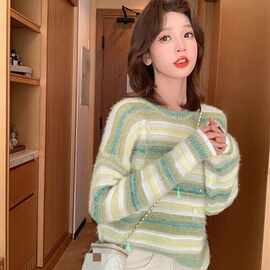 条纹毛衣女甜美2023秋冬新款宽松韩系慵懒风针织衫套头上衣