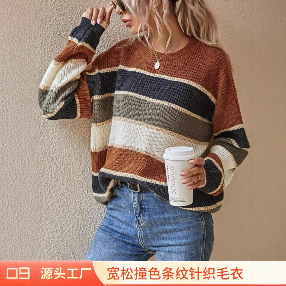 European and American Cross-Border Export Women's Autumn and Winter Round Neck Sweater Women's Lazy Loose Classic Stripesd Long-Sleeved Clothes Autum Women