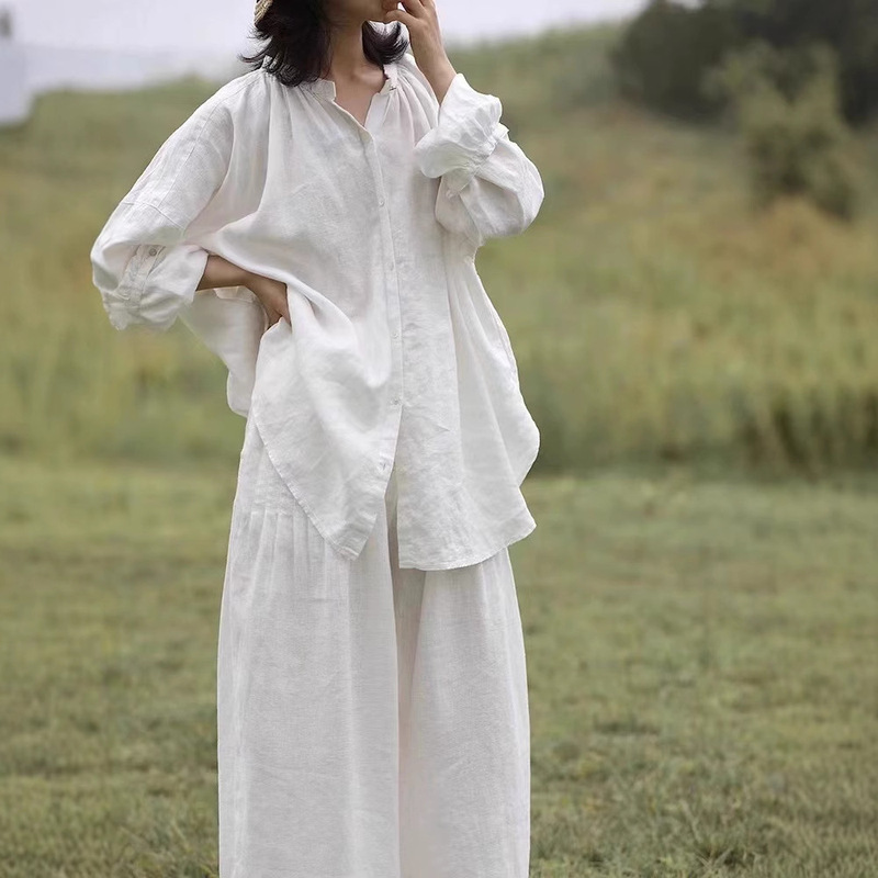 High-grade Solid Color Cotton and Linen Long-sleeved Shirt suit Women's Spring Casual Loose Lazy Style Linen Shirt Two-piece Set