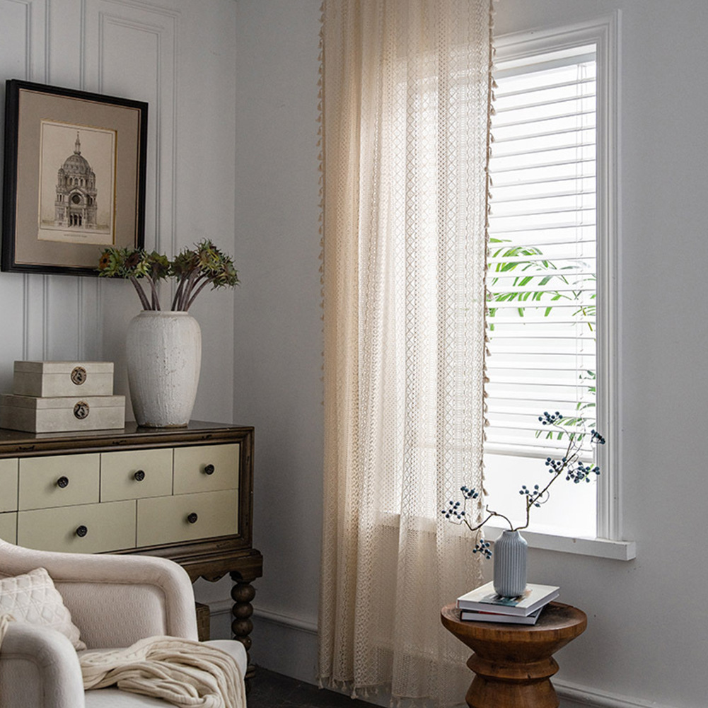 Cross-Border Exclusive Off-White Warp Knitted Lace Window Screen with Hollow Pattern Texture and Tassels Embellished for Living Room and Bedroom Warp Knitted Window Screen