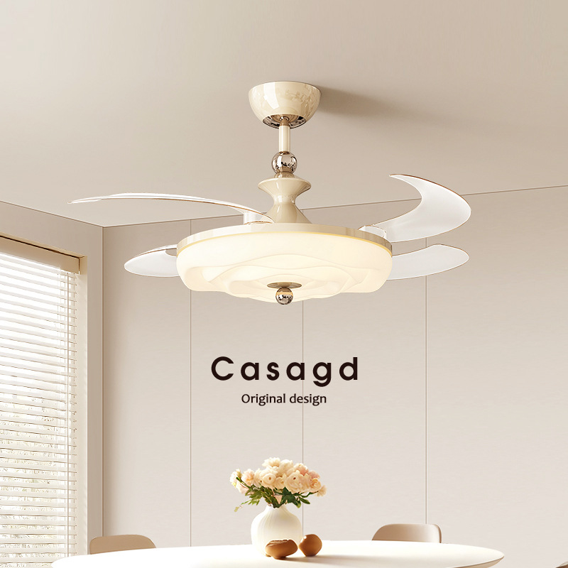 French Cream Style New Restaurant High Wind Invisible Fan Blade Ceiling Fan Lamp Bedroom Full Spectrum Eye Protection Chandelier Casa