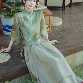 新中式禅意茶服旗袍两件套日常改良汉服文艺国风显瘦温柔连衣裙夏