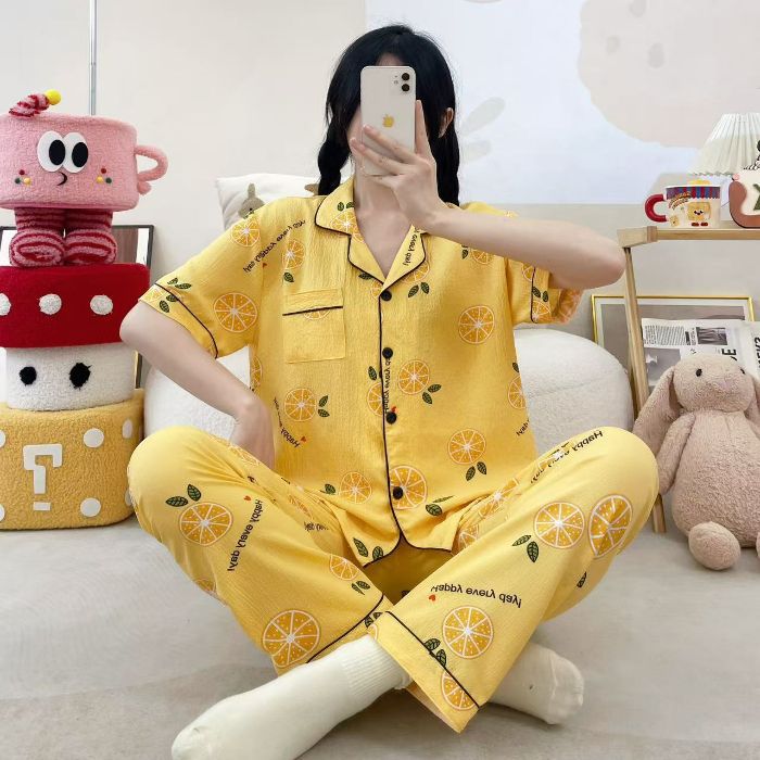 Vietnam transfronterizo al por mayor pijamas de verano para mujer, pantalones frescos de manga corta, cárdigan estampado, servicio a domicilio, dos trajes