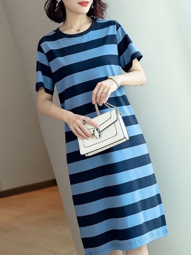 Striped Dress 2025 Summer Korean Style Loose and Slimming Medium Length Knee-Length Short Sleeve Top for Women