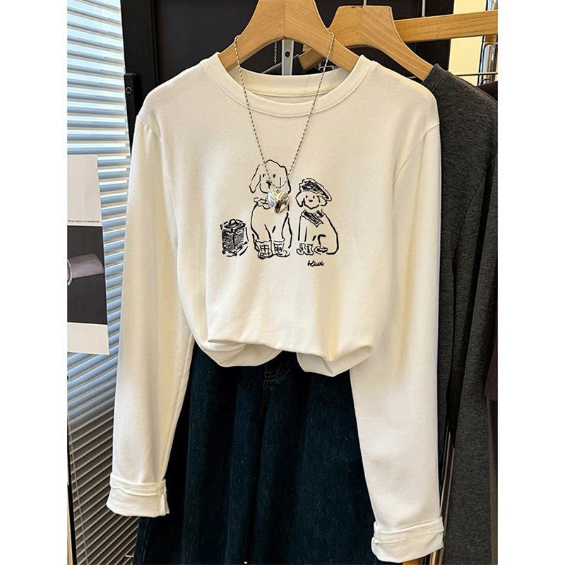 2026 Spring, Autumn, and Winter Stylish Design Straight-Shoulder Pure Cotton Long-Sleeve T-Shirt for Women, White Base Shirt Top 2026 Spring, Autumn, and Winter Stylish Design Straight-Shoulder Pure Cotton Long-Sleeve T-Shirt for Women, White Base Shirt Top