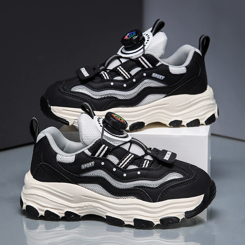 Детские кроссовки с вращающимися элементами для детей 6-15 лет, на толстой подошве, с амортизацией, для бега, с сетчатой и кожаной поверхностью, нескользящие повседневные кроссовки в стиле «папиных» кроссовок.